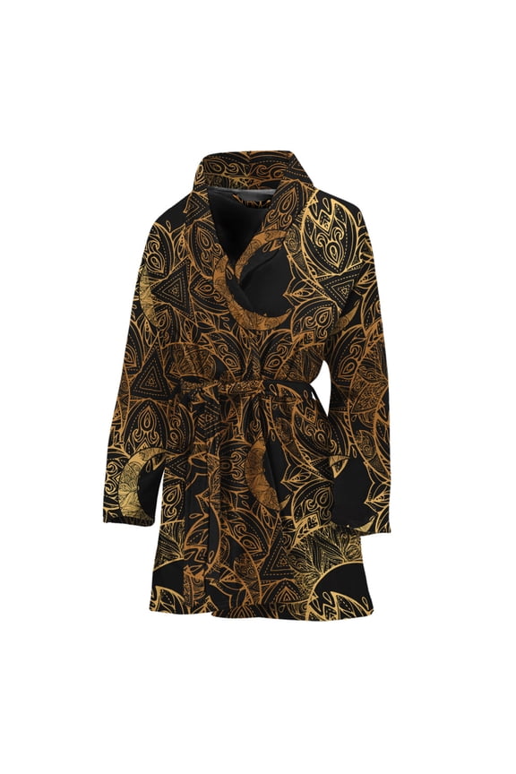 Black And Gold Celestial Pattern Women Bathrobe One Size Univeral Fits, Lunar Heaven Cosmic Galaxy Fashion Lightweight Plush Fleece Long Robe For Women