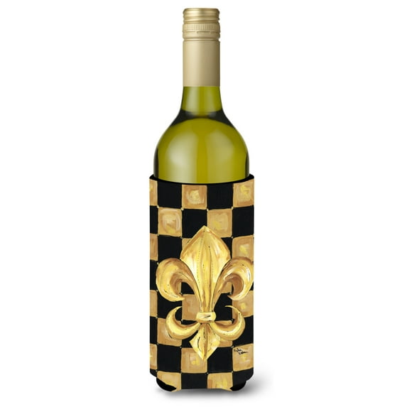 Black Gold Checkered Flag Fleur de lis Wine Bottle Hugger