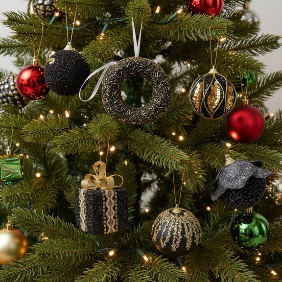 Black and Gold Christmas Foam Ball Ornament Set, Eight-Piece Decorative Pendant Pack for Tree Wreath and Centerpiece, Festive Holiday Decor with Elegant Matte Finish