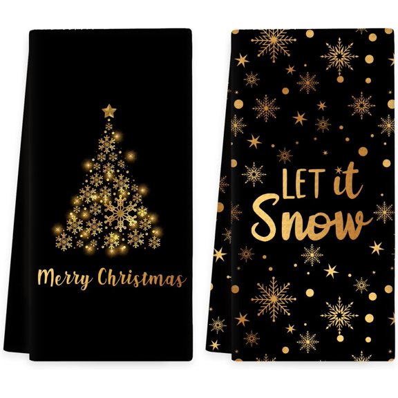 Black Gold Christmas Kitchen Towels Set of 2, Christmas Tree Winter Snowflakes Hand Towels, Let It Snow Dish Tea Towel for Kitchen Decorative, Xmas Winter Bathroom Kitchens Decor, 16x24in