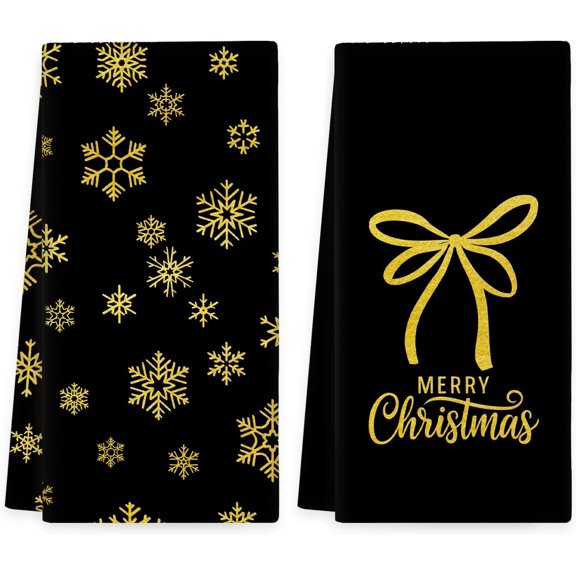 Black Gold Christmas Kitchen Towels Set of 2, Preppy Bow Snowflakes Hand Towels, Winter Gold Snowflakes Dish Tea Towel for Kitchen Decorative, Christmas Winter Bathroom Kitchens Decor, 16x24in