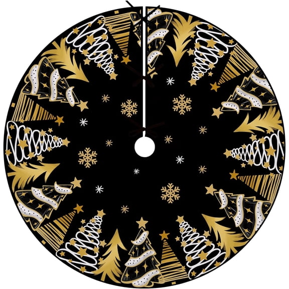 Black Gold Christmas Tree Skirt, 48 Inches Lace-up Golden Snowflake Xmas Tree Skirt, New Year 2026 Winter Holiday Party Indoor Decoration Home Decor