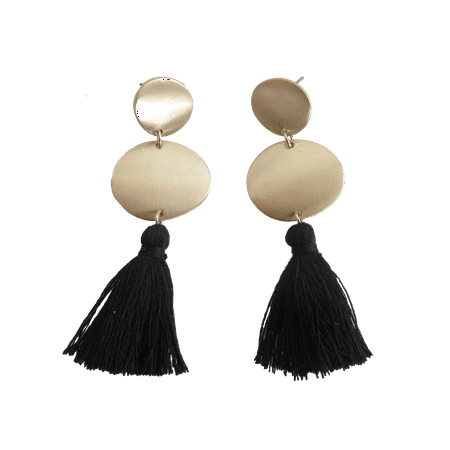 Black Gold Circle Earrings with Thread Tassel