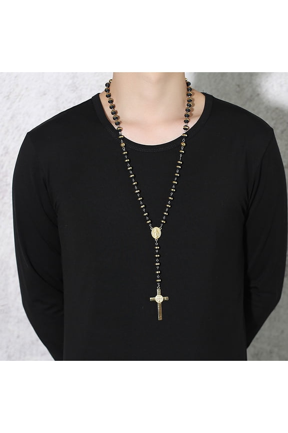 Black Gold Color Beads Long Rosary Necklace for Women Men 14K White Gold St Benedict Cross Pendant Sweater Chain Unisex