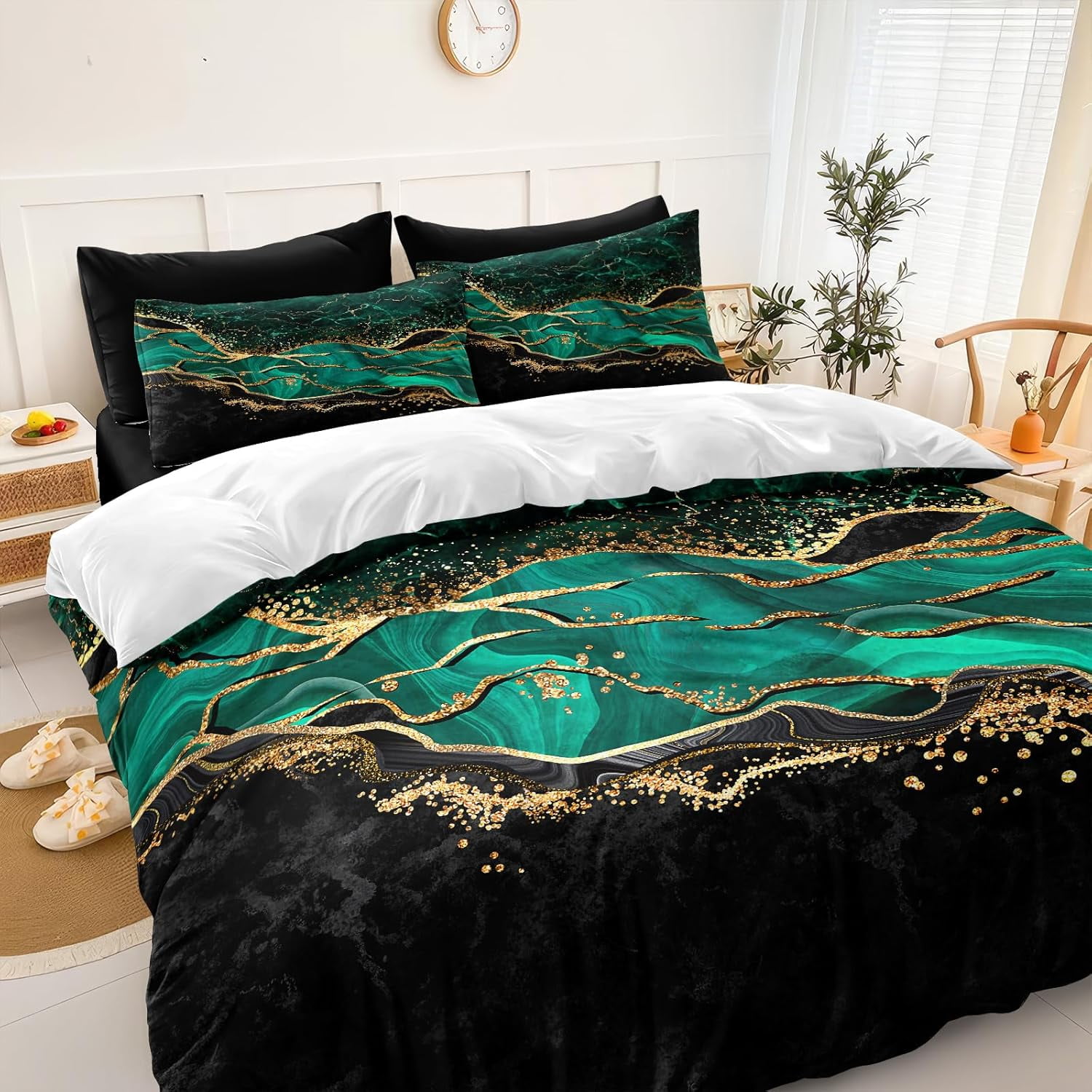 Black Gold Comforter 8 Piece Queen Bed in a Bag, Emerald Green Marble