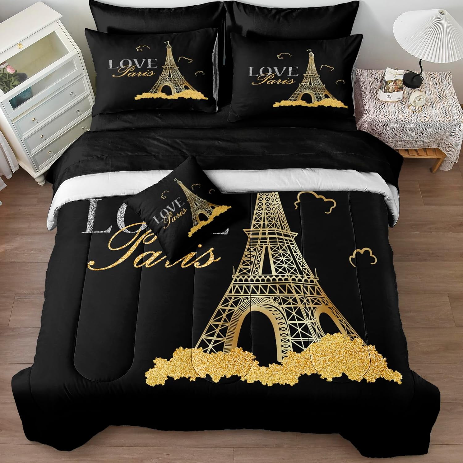 Black and Gold Comforter Set King 8 Pieces Eiffel Tower Decor Comforter Set with Sheet Set Paris