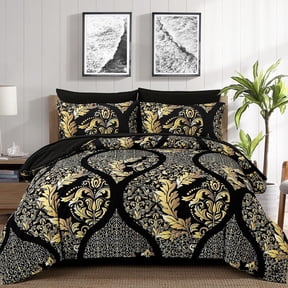 7 Pieces King Size Comforter Set Black Gold Bohemian Damask Bedding Set (104"x90")