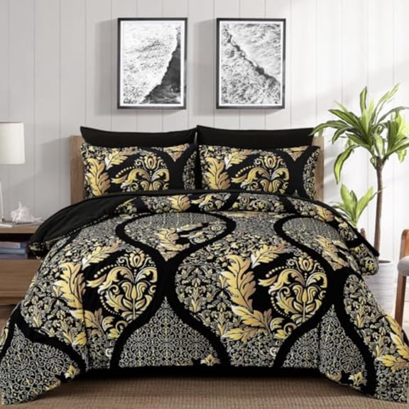 Black Gold Comforter Set King Size 7 Pieces Bohemian Damask Comforter Set Soft Lightweight Microfiber Bedding Set for All Season 104x90