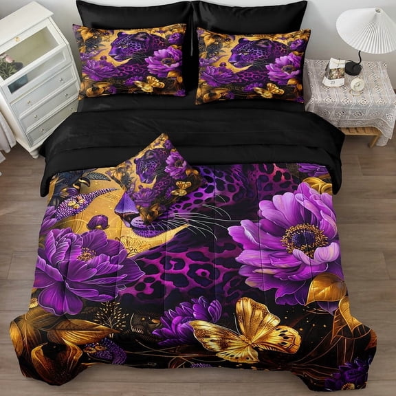 Black Gold Comforter Set Queen Leopard Print Bedding Comforter Purple Floral Cheetah Animal Print Super Soft Cozy Black Purple Bed in A Bag with Comforter and Sheet Set