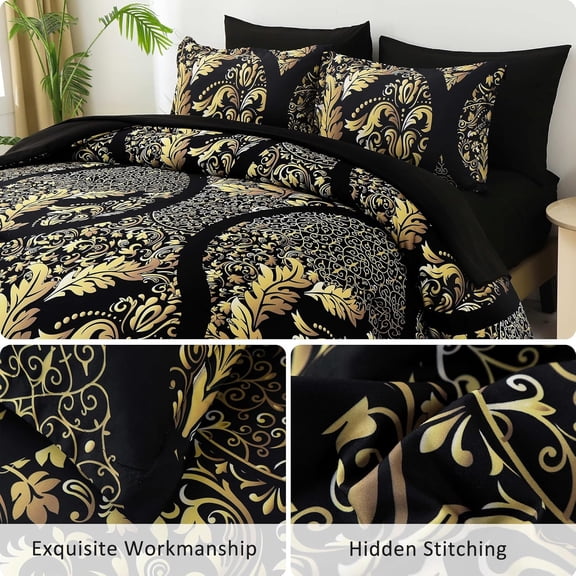 Black Gold Comforter Set Queen Size, 7 Pieces Bohemian Damask Comforter Set Soft Lightweight Microfiber Bedding Set for All Season (90"x90")
