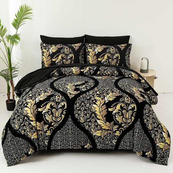 Dinjoy Queen Size Quilt Set 7 PCS Black Gold Comforter Set Bohemian Damask Bedding Set 90"x90"