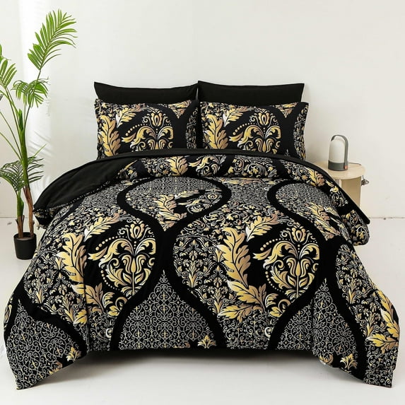 Dinjoy Queen Size Quilt Set 7 PCS Black Gold Comforter Set Bohemian Damask Bedding Set 90"x90"