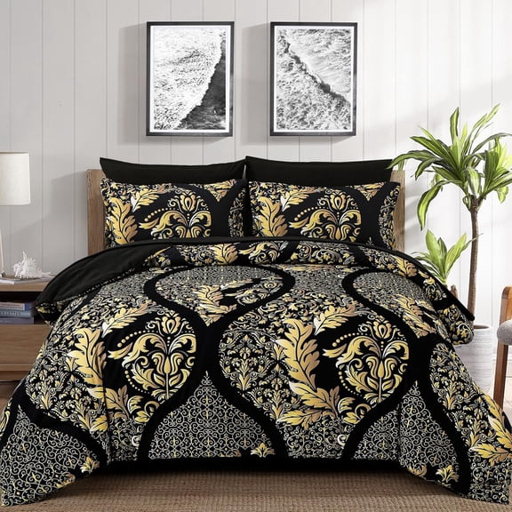 Dinjoy Queen Size Quilt Set 7 PCS Black Gold Comforter Set Bohemian Damask Bedding Set 90"x90"