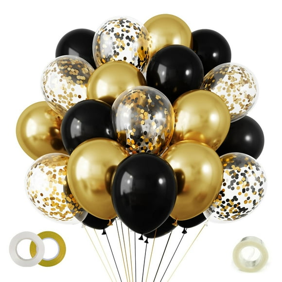 Black Gold Confetti Balloons, Lefiocky 12" Black Gold White Balloons and Gold Confetti Balloons with Balloon Ribbons
