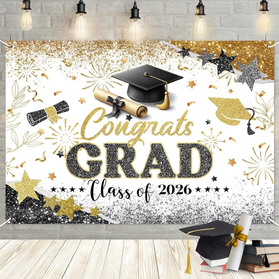 Black Gold Congrats Grad Backdrop Class of 2026 Graduation Background Congratulate Graduate Party Decorations Banner Photo Booth Props