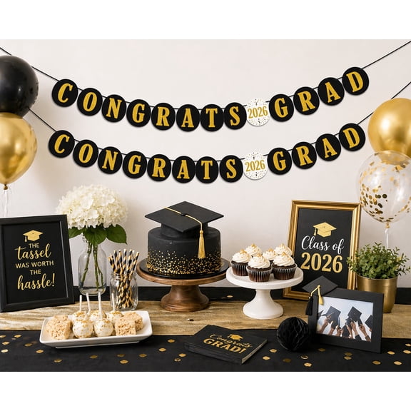 Black & Gold Congrats Grad Letter Banner Decoration, 7 Ft Graduation Party Banner, Glitter Gold Letters on Black Circles, 2 Pack