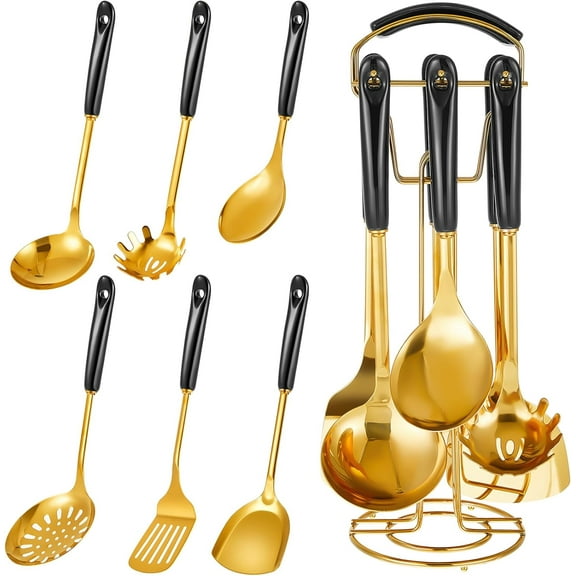 Black and Gold Cooking Utensils Set, 7 Pcs Stainless Steel Kitchenware Gift with Hanging Shelf, Slotted Spoon, Slotted Spatula, Large, Soup Ladle, Spatula, Pasta Spoon, Easy to Clean