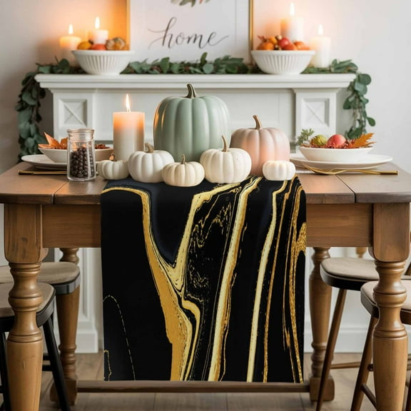 Black Gold Cotton Linen Table Runner, Washable Table Runners for Kitchen, Dining Room, Holiday, Home Party Table Decor, 13x48 Inches