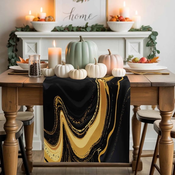 Black Gold Cotton Linen Table Runner, Washable Table Runners for Kitchen, Dining Room, Holiday, Home Party Table Decor, 13x90 Inches