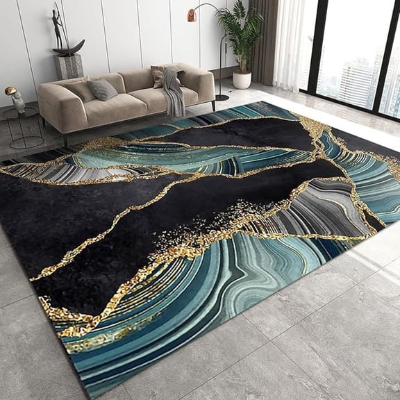 Black Gold Crackle Marble Area Rug, Luxurious Green Swirl Texture Machine Washable Rugs, With Anti-Slip Easy Clean Carpet For Living Room Bedroom Kitchen Dining Room Home Office 5x8ft