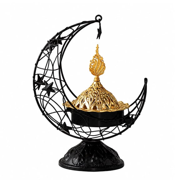 Black & Gold Crescent Moon Incense Burner, Arabic Bakhoor Holder with Filigree Lid, Ramadan Eid Islamic Home Decor
