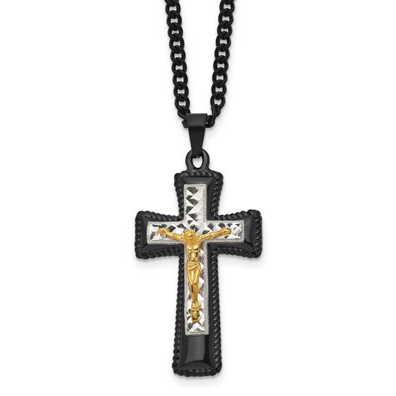 Black and Gold Crucifix Cross Pendant for Men and Women with Rope Border Radiant Jesus Figure Modern Geometric Design Christian Faith Necklace with Curb Chain