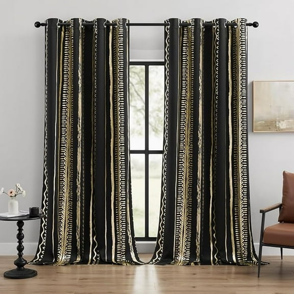 Black And Gold Curtains 100% Blackout, Tribal Gold Foil Pattern – Thermal Insulated, Noise Reducing, Grommet Top Window Curtain 42"W x 63"L (Pack of 2)
