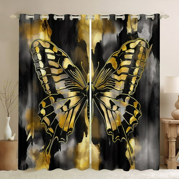 Black and Gold Watercolor Marble Curtains, Abstract Butterfly 30%-50% Blackout Curtains Aesthetic Gold Metallic Living Room Curtains, Watercolor Marbling Window Curtains Room Decorative