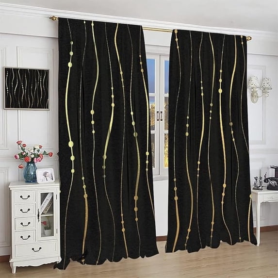 Black Gold Curtains,Golden Wave Foil Stripe Print Blackout Rod Pocket Window Drapes For Living Room Bedroom Decor 42"W x 96"L (Pack of 2)