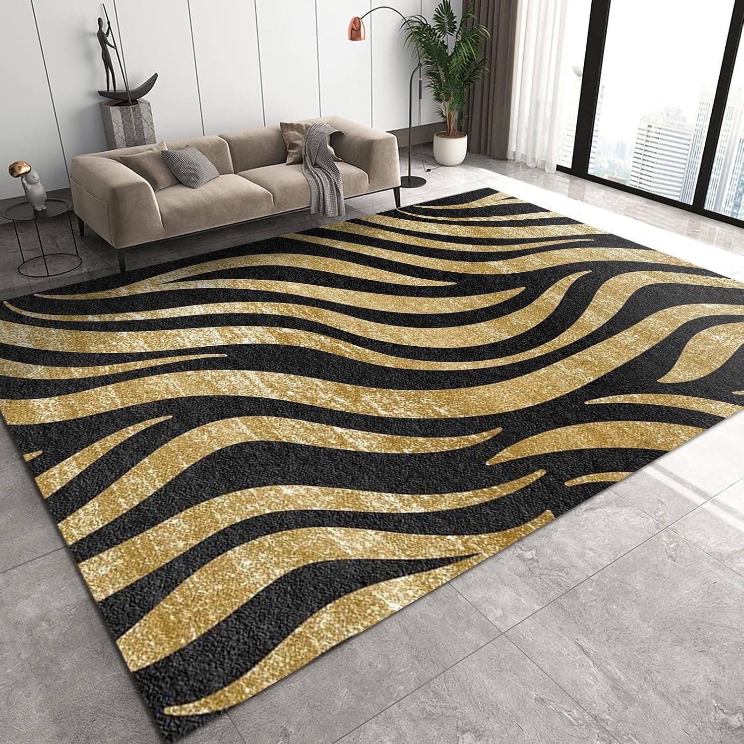 Fashion Rug Black Gold Curved Lines Area Rugs, Irregular Stripes European Style ...