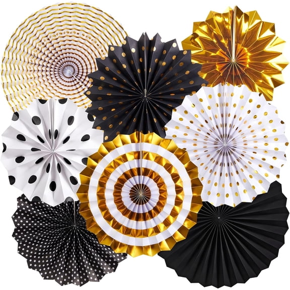 Black and Gold Decorations, Hanging Honeycomb Paper Pompoms Fan for Graduation Birthday Wedding Photo Backdrop Prom Night New Years Black and Gold Party Decorations, Set of 8