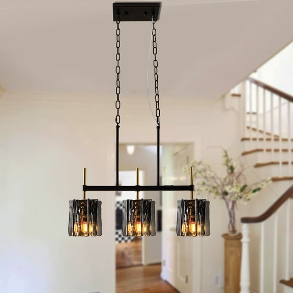 Black and Gold Dining Room Light Fixture 3-Light 24" W Modern Smoked Glass Linear Chandelier Black Industrial Kitchen Island Lights Farmhouse Chandeliers for Dining Room Pool Table