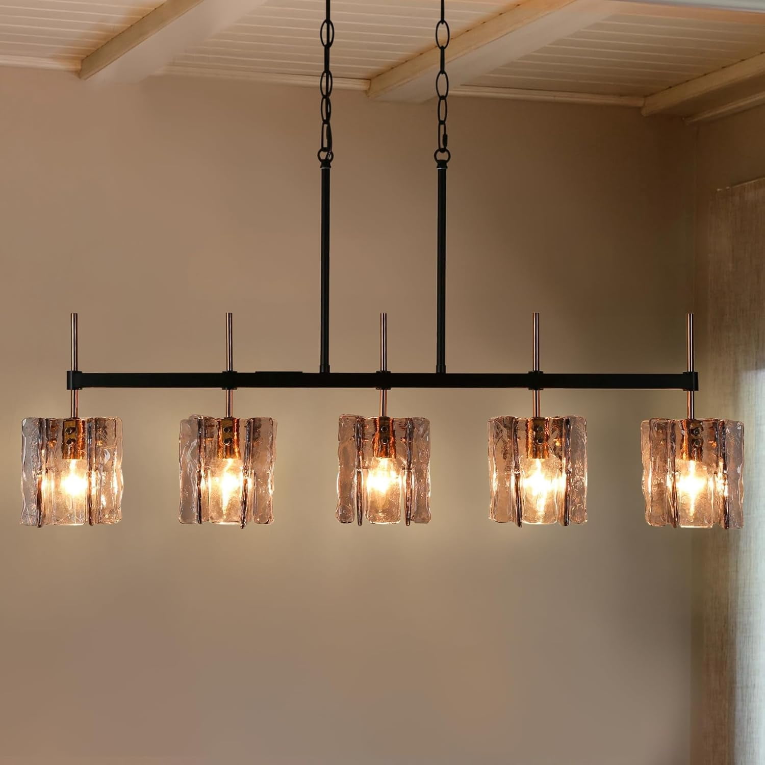 Black and Gold Dining Room Light Fixture 5-Light Modern Smoked Glass ...