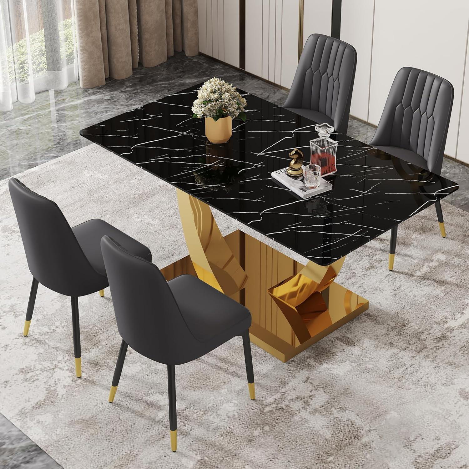 Black and Gold Dining Table Set for 4, Faux Marble Dining Room Table ...