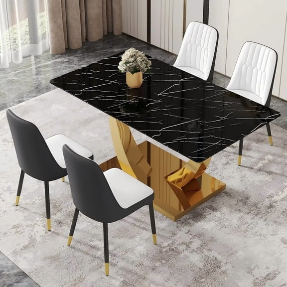 SUDICA 5 Piece Dining Set, 63" Black Glass Table with Gold Legs and Gray PU Chairs