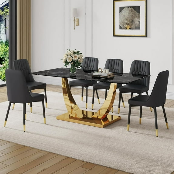 SUDICA 63" Black Faux Marble Dining Table Set with Gold U-Shaped Base and 6 Black PU Leather Chairs, 7-Piece for Dining Room Kitchen