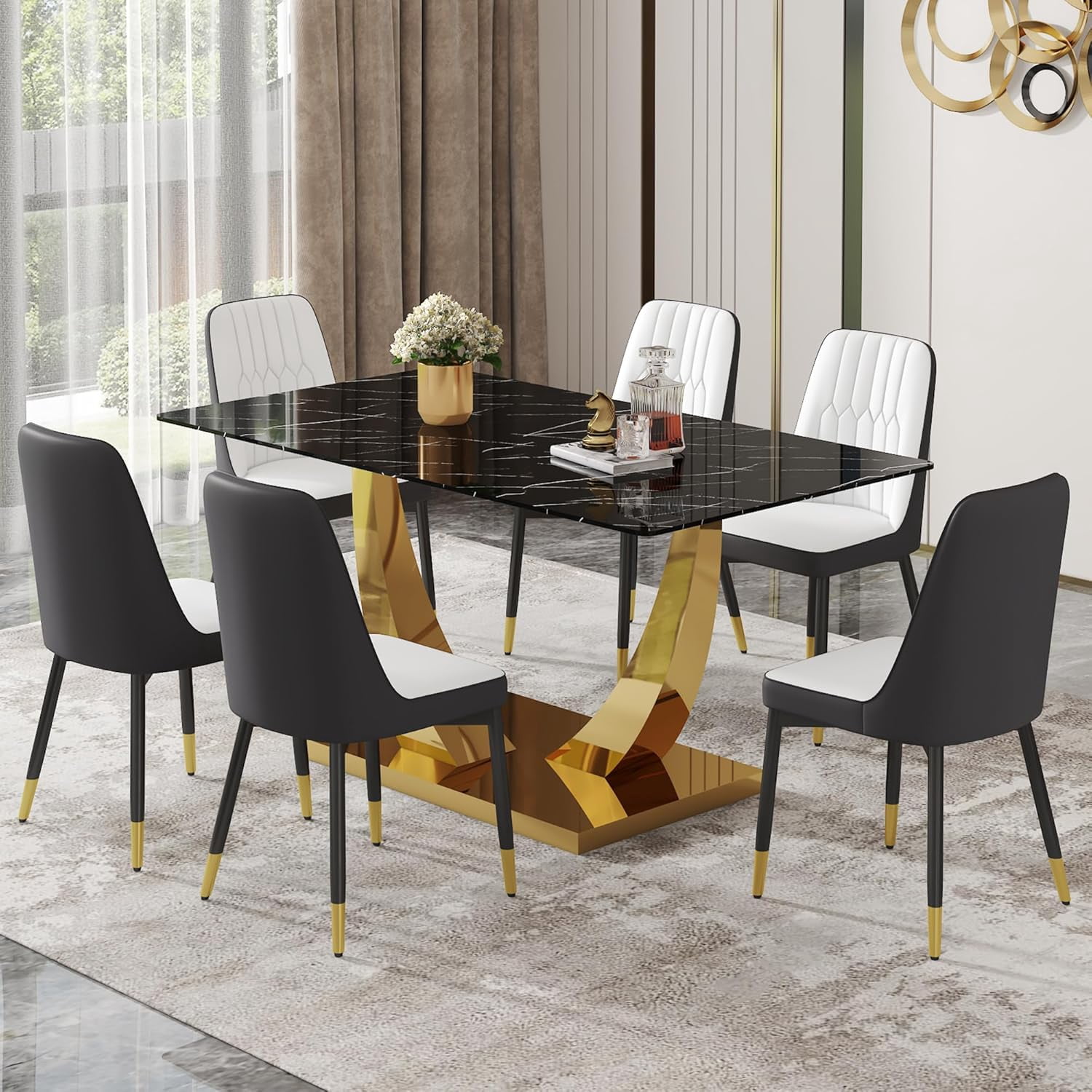 Black and Gold Dining Table Set for 6, Faux Marble Dining Room Table ...