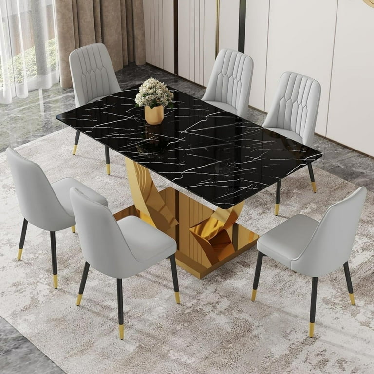 SUDICA Piece Black and Gold Dining Set, Glass Table with Grey PU