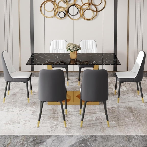 SUDICA 7 Piece Dining Set, Black Faux Marble Glass Table, White and Gray PU Chairs for Kitchen