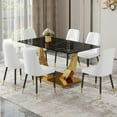 thumbnail image 1 of SUDICA 63" Dining Table Set, Black Faux Marble Glass Top, White PU Leather Chairs, Set of 6, 1 of 9