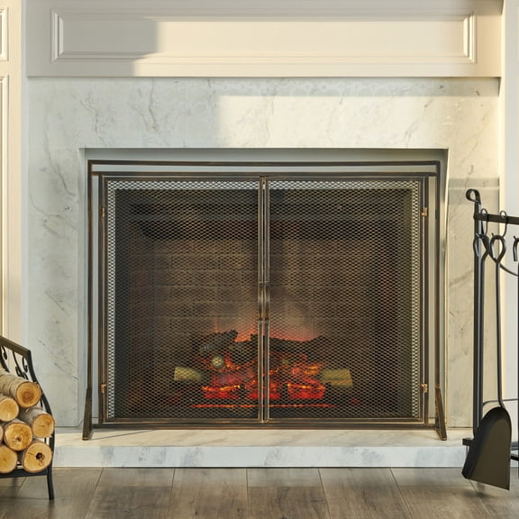 Black Gold Double Door Fireplace Screen Matte Iron Rectangular Fire Spark Guard Mesh Screen with Magnetic Hinged Access Doors for Indoor Hearth Fireplace
