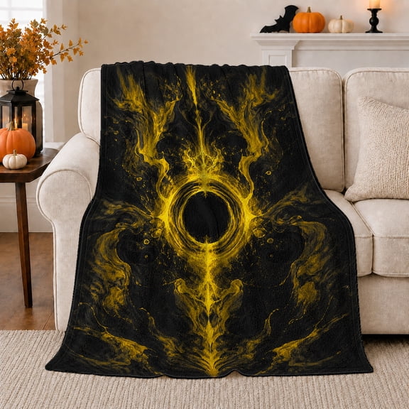 Black Gold Eclipse with Feathered Light, Dramatic Fantasy Style for Space Art Lovers, Solar Wing Abstract Scene and Birthday Gift, Soft Flannel Blanket for Bedroom and Reading Nook, Home Decor