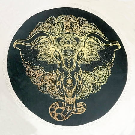 Black & Gold Elephant Head Round Towel With Fringes