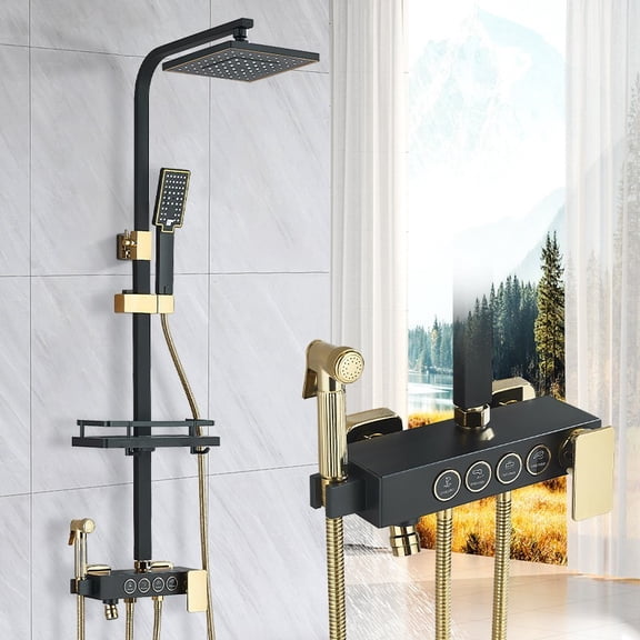 Black Gold Exposed Shower Faucet System 8'' Rainfall Head Combo Kit Mixing Valve