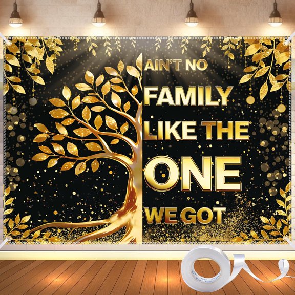 Black Gold Family Tree Backdrop Ain't No Family Like the One We Got Background for Welcome to Our Members Reunion Party Decorations Banner Photo Booth Props