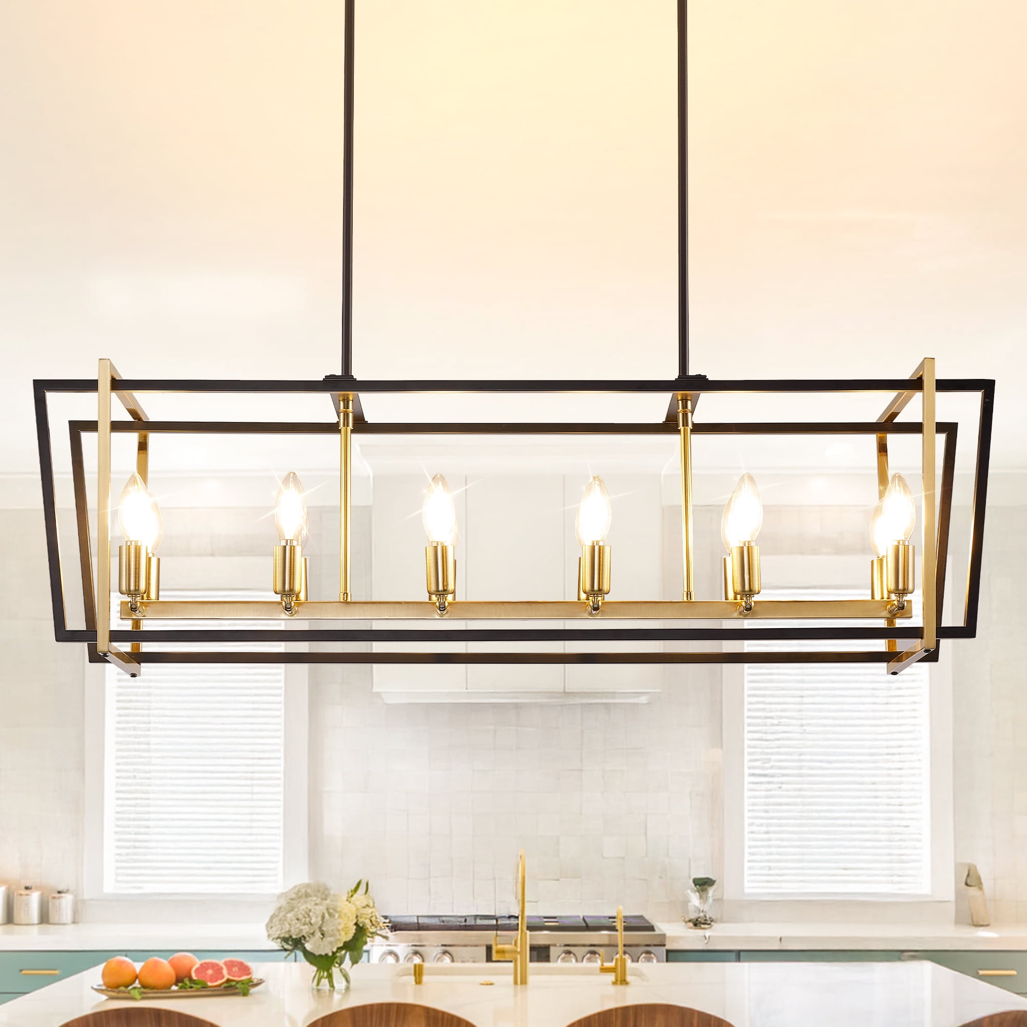Black and Gold 12-Light Linear Kitchen Island Chandelier