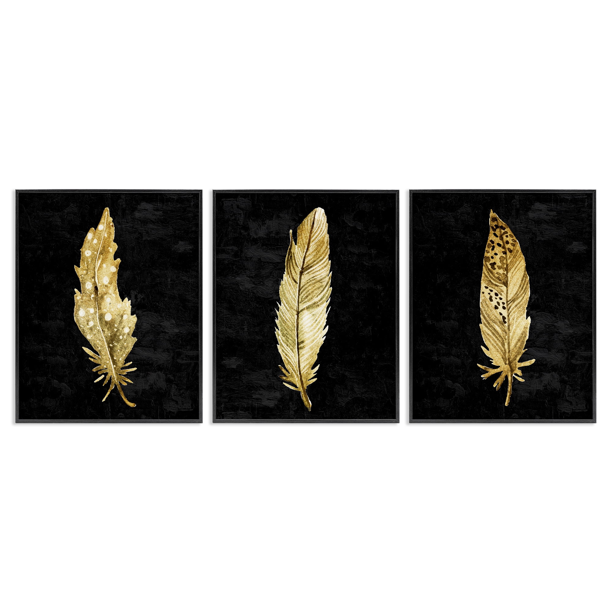 Black & Gold Feathers 3 Piece Black Framed Giclee Art Set, design by Kim Allen
