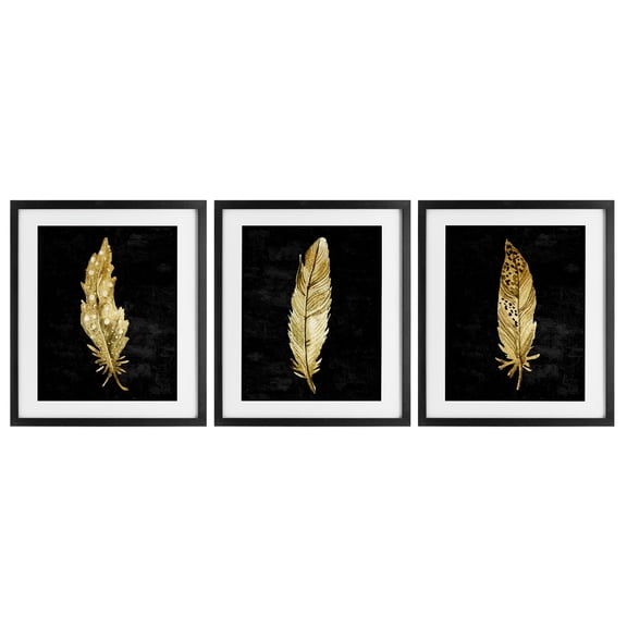 Black & Gold Feathers 3 Piece Black Framed Print Under Glass Set, design by Kim Allen