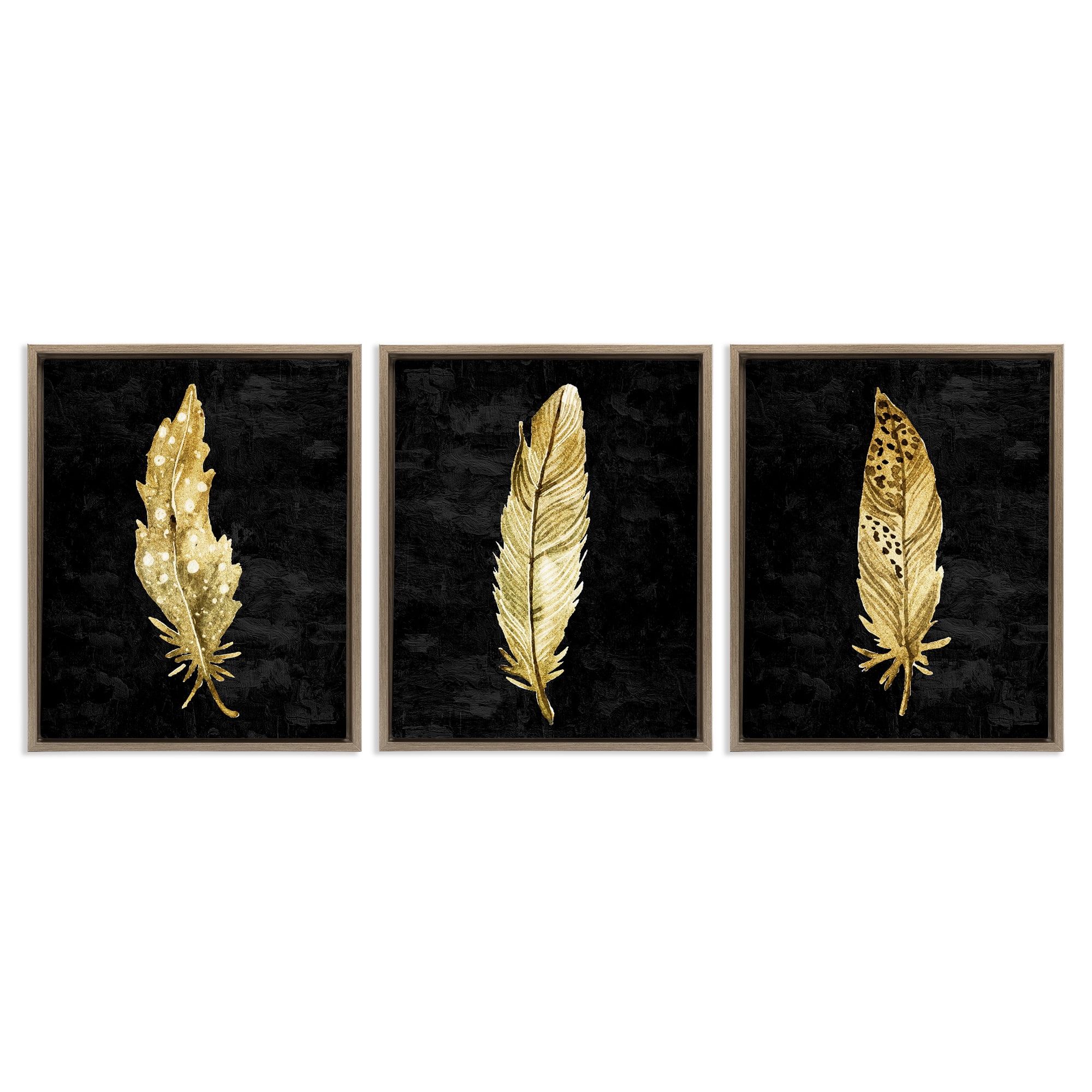 Black & Gold Feathers 3 Piece Brown Framed Floater Canvas Set, design by Kim Allen