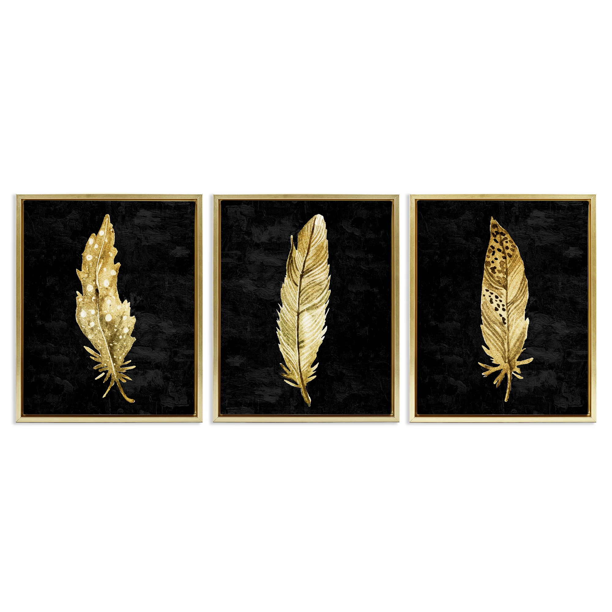 Black & Gold Feathers 3 Piece Gold Framed Floater Canvas Set, design by Kim Allen